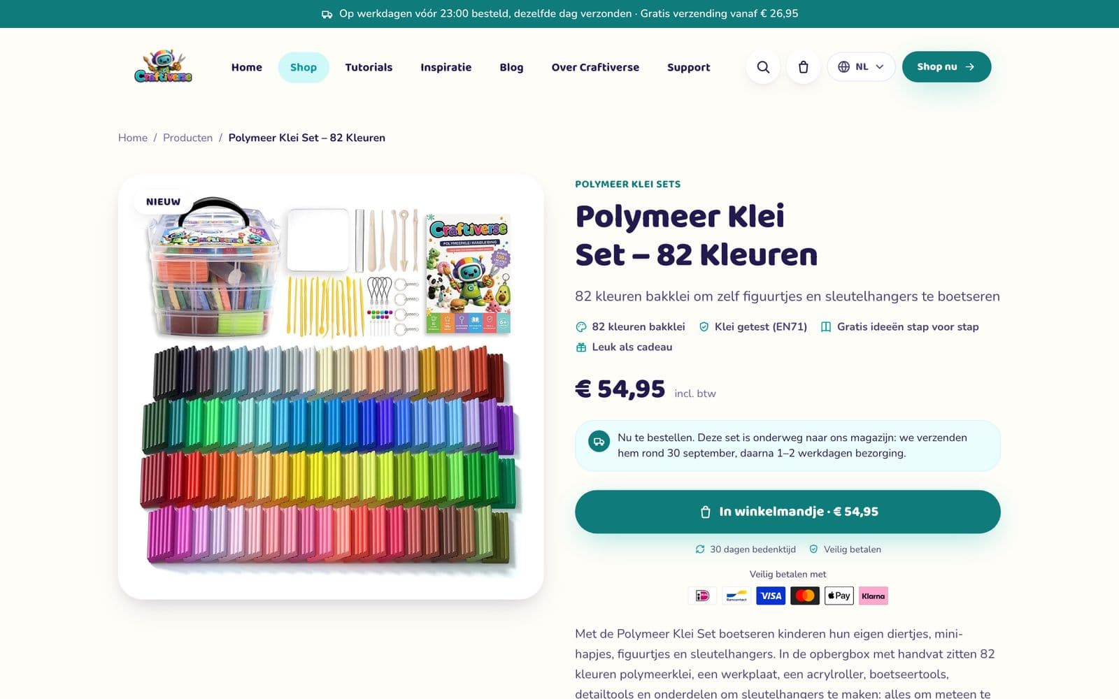 Productpagina van de Craftiverse-webshop: Polymeer Klei Set met prijs en bestelknop